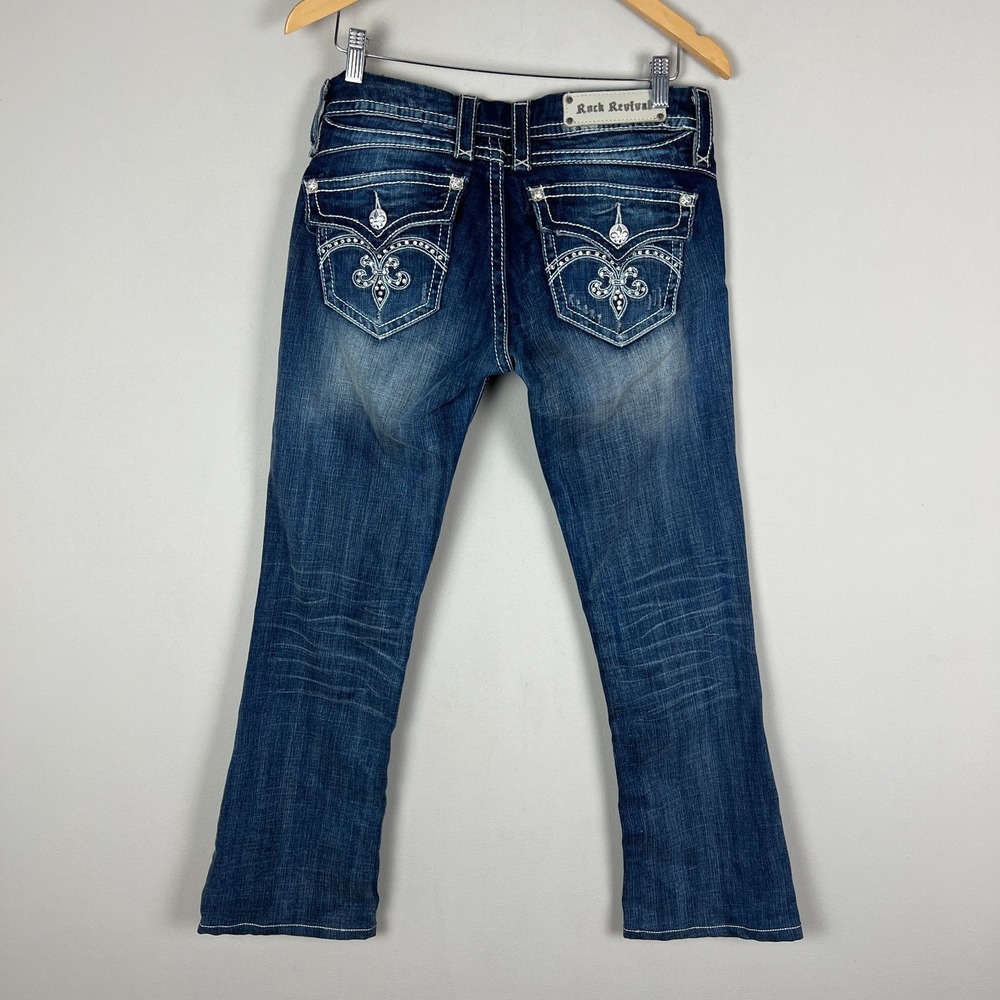 Y2K Rock Revival Sasha‎ Boot Jeans Womens 31 Dark Wash Denim Flap Rhinestones